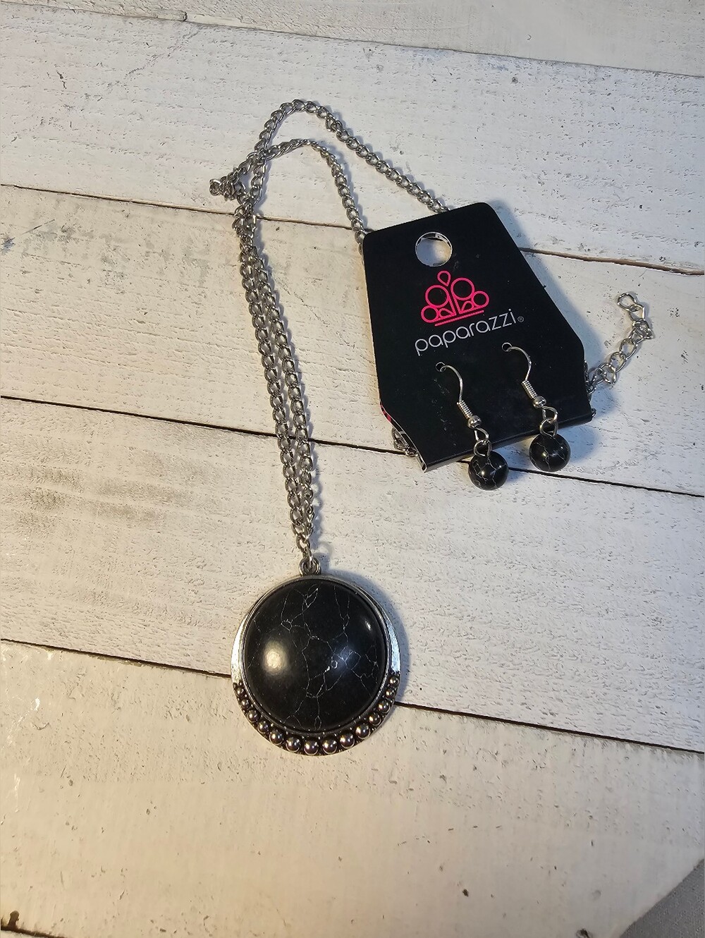 Paparazzi Silver-Tone Black Stone Pendant Necklace with Matching Earrings
